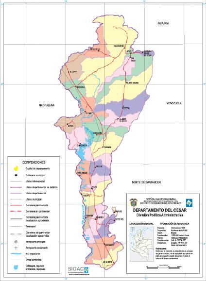 Cesar Department Map, Colombia