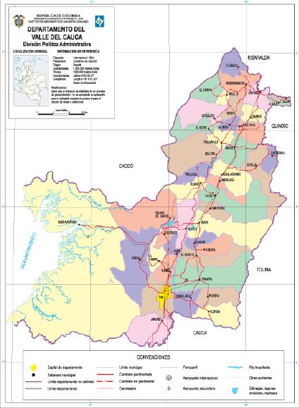 Valle del Cauca Department Map, Colombia