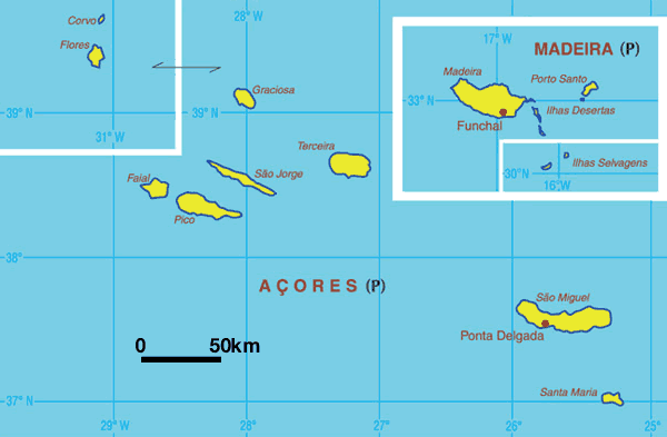 mapa da madeira e dos açores Mapa das Regiãos dos Açores e da Madeira, Portugal